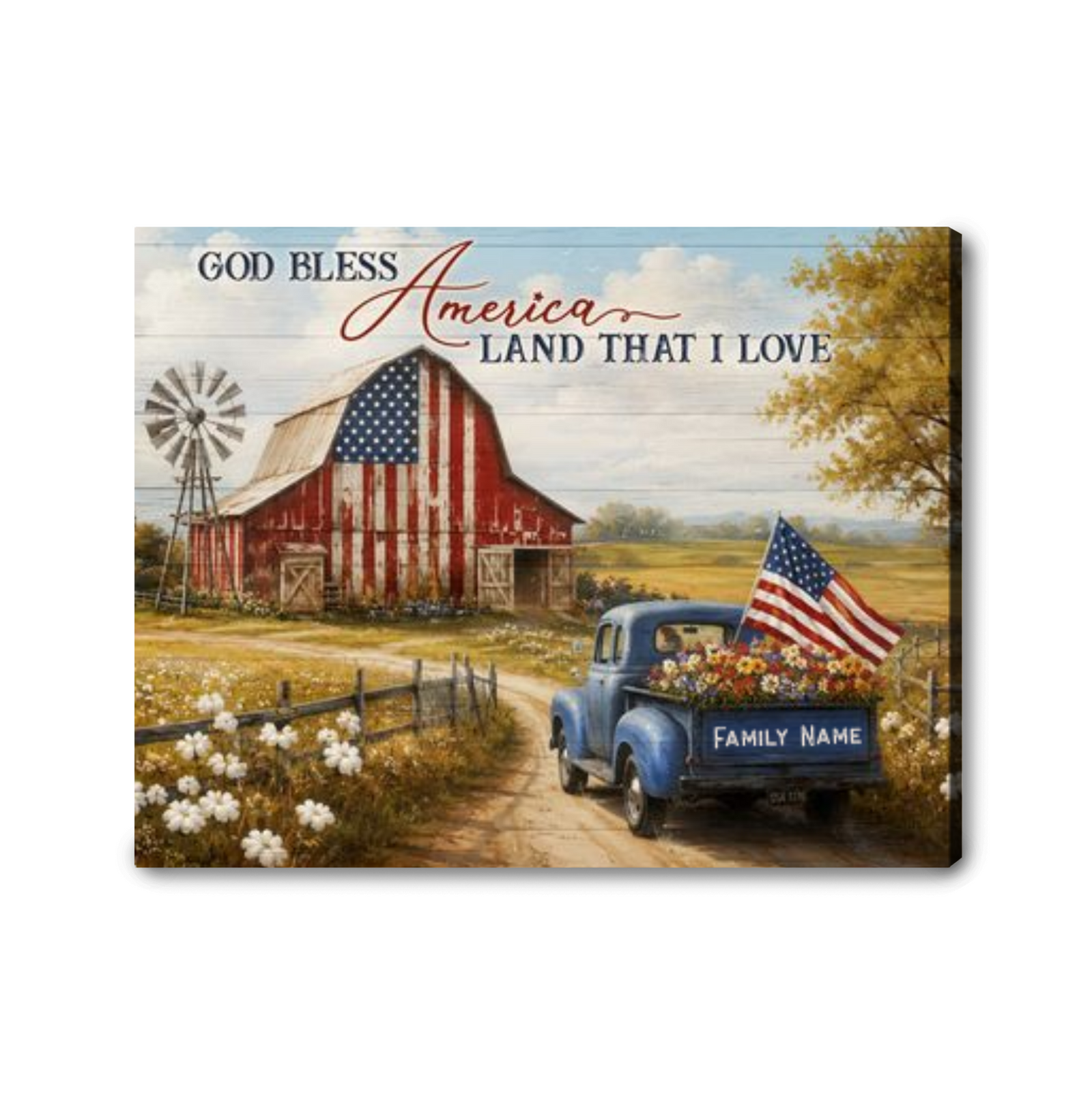 Personalized God Bless America Farmhouse Canvas – Happy 4th of July Custom Family Name Wall Art