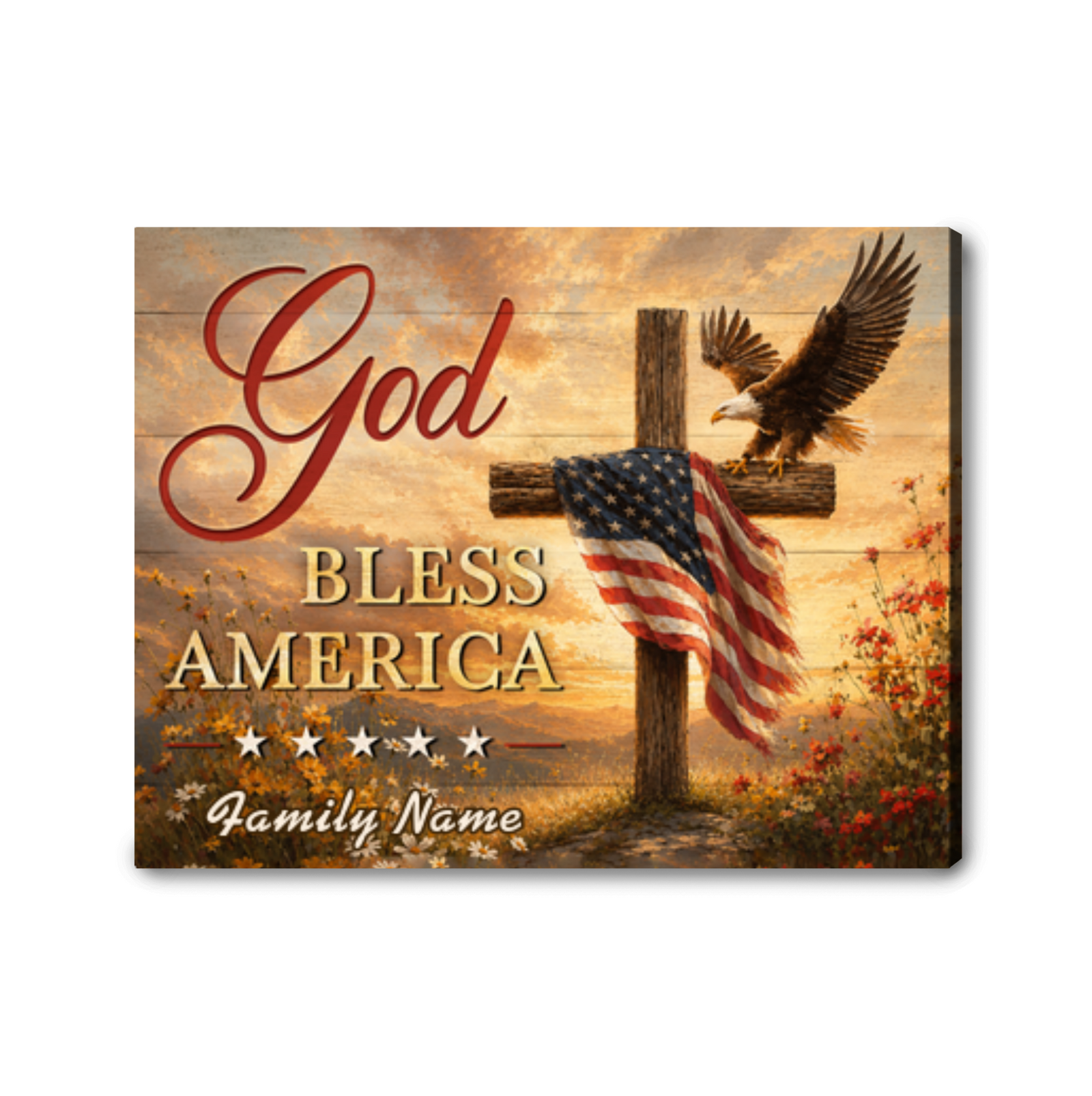 Personalized God Bless America Patriotic Canvas – Custom Family Name Happy 4th of July American Flag Wall Art