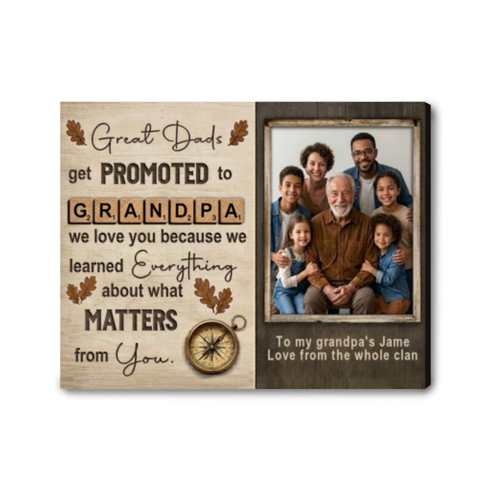 Promoted To Grandpa Canvas Personalized Family Photo Gift for New Grandpa