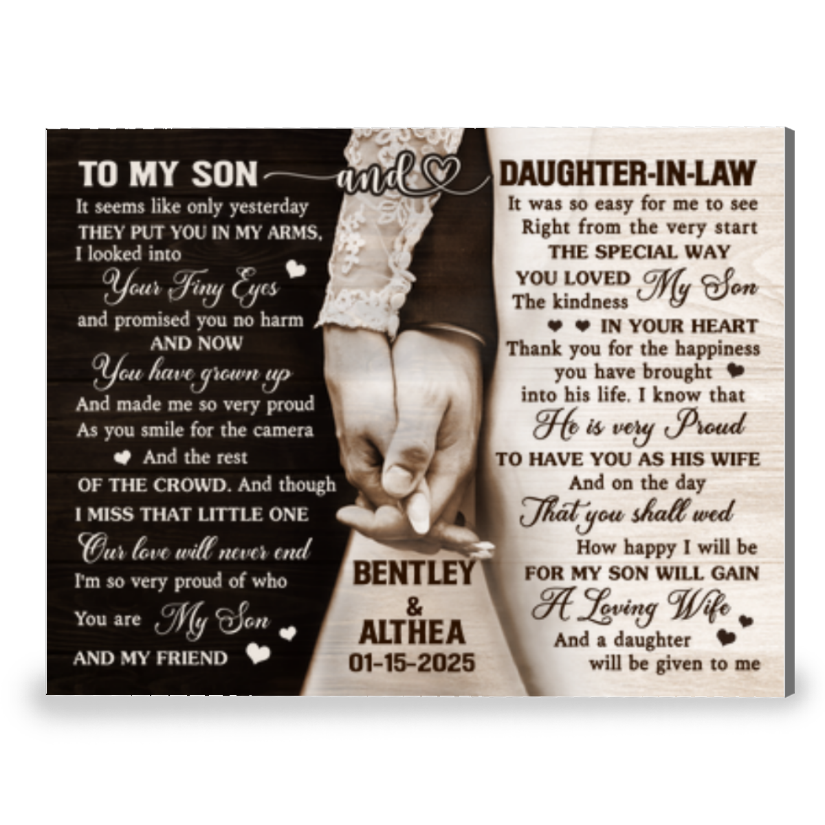 To My Son and Daughter In Law Canvas Wall Art - Personalized Wedding Gift From Parents of The Groom 