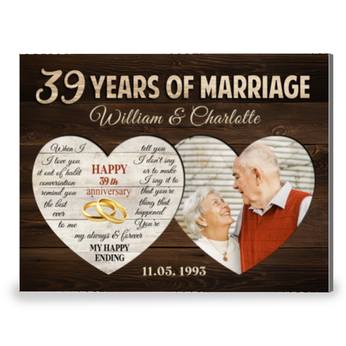 39 Years Of Marriage Two Heart-Shaped Personalized Canvas Photo Print For Couple
